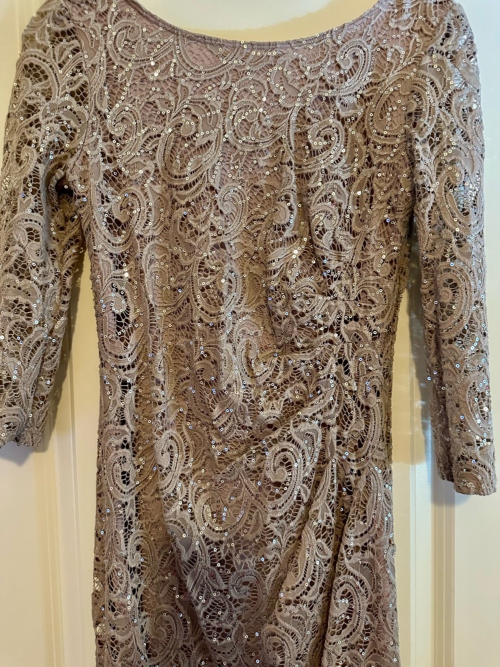 MARINA Taupe Lace Sequin Long Sleeve Dress